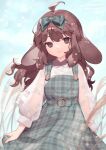  1girl ahoge animal_ears bangs blush bow brown_eyes brown_hair day dress gingham gingham_dress green_dress hair_bow long_hair long_sleeves looking_at_viewer lop_rabbit_ears original outdoors rabbit_ears rabbit_girl sa9no shirt skirt_hold smile solo twitter_username white_shirt 