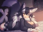  1girl animal_ear_fluff animal_ears bedroom between_breasts black_hair blue_eyes blush breasts cleavage dutch_angle fang feet_up gradient_hair grey_wolf_(kemono_friends) heterochromia highres holding_hands jacket kemono_friends large_breasts legs_up lying miniskirt mo23 multicolored_hair necktie necktie_between_breasts night on_bed on_stomach open_mouth orange_eyes plaid plaid_skirt pov pov_hands rain skin_fang skirt smile solo_focus streaked_hair tail the_pose thighhighs white_hair window wolf_ears wolf_girl wolf_tail 