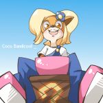  2013 accessory activision anthro blonde_hair clothing coco_bandicoot crash_bandicoot_(series) english_text female flower flower_in_hair footwear hair hair_accessory kasui_jirou mammal marsupial open_mouth open_smile plant smile solo text video_games 