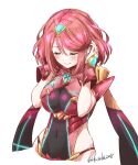  1girl bangs breasts chest_jewel closed_eyes fuusuke_(fusuke208) gem highres jewelry large_breasts pyra_(xenoblade) red_hair short_hair smile solo swept_bangs tiara white_background xenoblade_chronicles_(series) xenoblade_chronicles_2 