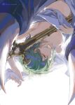 1girl bangs bed_sheet breasts bustier byleth_(fire_emblem) byleth_(fire_emblem)_(female) claws enlightened_byleth_(female) fire_emblem fire_emblem:_three_houses green_hair highres large_breasts long_hair medium_hair mo_(ine_mao) navel simple_background solo sword weapon 