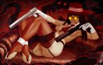  1girl alucard_(hellsing) armpits ass bangs bare_shoulders black_hair blunt_bangs breasts couch cross crossed_legs detached_collar dual_wielding english_commentary feet garter_belt genderswap genderswap_(mtf) gloves grin gun half-closed_eye handgun hellsing highres holding holding_gun holding_weapon knees_up lips long_hair looking_at_viewer medium_breasts necktie nipples no_shoes nude on_couch orange_eyes pentagram pistol pussy reclining red_garter_belt red_headwear red_legwear red_necktie round_eyewear sitting skindentation smile solo themaestronoob thighhighs thighs toes weapon white_gloves 