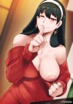 1girl ;) bare_shoulders black_hair blurry blurry_background blush breasts cleavage dress earrings english_commentary finger_to_mouth flashing hairband highres inverted_nipples jewelry large_areolae large_breasts long_hair looking_at_viewer naughty_face no_bra off-shoulder_dress off-shoulder_sweater off_shoulder one_breast_out one_eye_closed pink_seito red_eyes red_sweater shushing smile spy_x_family straight_hair sweater sweater_dress twitter_username white_hairband yor_briar 