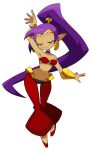  2022 5_fingers breasts clothing ear_piercing ear_ring eyes_closed female fingers flowerpigeon73 footwear genie hair hi_res humanoid humanoid_pointy_ears long_hair not_furry piercing ponytail purple_hair shantae shantae_(series) simple_background smile solo video_games wayforward white_background 