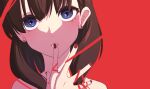  1girl :o brown_hair earrings expressionless head_tilt highres idolmaster idolmaster_cinderella_girls jewelry nail_polish portrait red_background sakuma_mayu simple_background solo string string_of_fate stud_earrings tantei001 yandere 