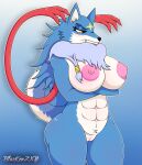  2022 abs amber_eyes anthro anthrofied areola bandai_namco big_breasts blazkenzxy blue_body blue_fur breasts canid canine canis crossed_arms curled_tail digimon digimon_(species) digital_drawing_(artwork) digital_media_(artwork) fangs female fur gaogamon genitals hair hi_res long_hair mammal multicolored_body multicolored_fur muscular muscular_female neck_tuft nude pussy signature simple_background solo thick_thighs tuft white_body white_fur wide_hips wolf 