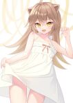  1girl :d animal_ears bangs bare_arms bare_shoulders brown_hair claw_pose collarbone cowboy_shot dress fingernails flat_chest frilled_dress frills hair_between_eyes hair_intakes highres indie_virtual_youtuber karijo lion_ears lion_girl long_hair looking_at_viewer open_mouth rurudo_lion short_dress skirt_hold sleeveless sleeveless_dress smile solo spaghetti_strap spiked_hair sundress virtual_youtuber white_dress yellow_eyes 