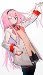  1girl arm_up bangs black_hairband black_legwear black_skirt blush bow bowtie cardigan closed_mouth coat haaksik hair_between_eyes hairband hand_in_own_hair hand_in_pocket long_hair long_sleeves looking_at_viewer nijisanji one_eye_closed pink_bow pink_bowtie pleated_skirt simple_background skirt solo suo_sango symbol-shaped_pupils thighhighs very_long_hair virtual_youtuber white_background white_coat 