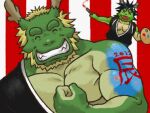  2012 anthro asian_mythology beard biceps black_robe blue_hair brush clothing countershade_arms countershade_torso countershading dragon duo east_asian_mythology eastern_dragon eyes_closed facial_hair father father_and_child father_and_son fist flexing_bicep green_body green_scales hair holidays horn kanji male mature_male morenatsu muscular muscular_male mythology new_year palette parent parent_and_child pattern_background pecs red_background robe scales shirako simple_background smile son striped_background tappei_(morenatsu) tatsuki_(morenatsu) teeth_showing video_games visual_novel white_background 