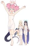  3girls :3 ahoge arms_up ayumu_(blue_archive) bangs bare_shoulders barefoot basket black_hair blonde_hair blue_archive breasts bright_pupils cleavage closed_mouth flat_chest forehead_jewel full_body glasses gradient_hair green_eyes halo hand_on_own_chest highres holding holding_basket kamo_(kamonabe_44) long_hair looking_at_viewer medium_breasts momoka_(blue_archive) multicolored_hair multiple_girls naked_towel open_mouth outstretched_arms pointy_ears rin_(blue_archive) short_twintails simple_background smile solo_focus standing standing_on_one_leg tail towel twintails very_long_hair white_background white_pupils wings 