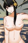  1girl ;o absurdres bangs beach bikini black_hair blurry blurry_background blush bottomless breasts collarbone english_commentary eyelashes flower front-tie_bikini front-tie_top grey_sky hair_flower hair_ornament hairband head_tilt highres kaichu_land large_breasts looking_at_viewer micro_bikini nature nipples one_eye_closed out-of-frame_censoring outstretched_arm palm_leaf red_eyes rose sidelocks skindentation slit_pupils solo spikes spy_x_family swimsuit tree_shade twitter_username updo upper_body white_bikini yellow_flower yellow_rose yor_briar 