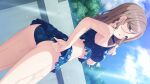  1girl bikini blue_bikini breasts dutch_angle frilled_bikini frills from_below game_cg hair_over_one_eye hiba_mitsuki highres koruri light_brown_hair long_hair looking_at_viewer looking_down midriff neko_to_wakai_seyo! official_art open_mouth pool purple_eyes sideboob solo swimsuit 