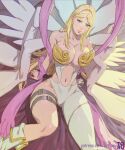  1girl angewomon arm_support artist_name arttoru bangs bare_shoulders blonde_hair blue_eyes boots breasts cameltoe cleavage closed_mouth clothing_cutout commentary digimon digimon_(creature) gloves highres knee_boots large_breasts leotard lips long_hair looking_at_viewer multiple_wings navel navel_cutout shiny shiny_hair shiny_skin signature simple_background single_glove skin_tight smile solo stomach thigh_strap thighs watermark white_footwear wings 