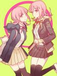  2girls backpack bag bangs black_jacket breasts brown_jacket brown_legwear brown_skirt closed_mouth collared_shirt danganronpa_(series) danganronpa_2:_goodbye_despair danganronpa_3_(anime) dress_shirt dual_persona edith_(zct19990808) eyebrows_visible_through_hair galaga green_background hair_ornament highres hood hood_down hope&#039;s_peak_academy_school_uniform jacket large_breasts medium_hair miniskirt multiple_girls nanami_chiaki neck_ribbon open_clothes open_jacket pink_bag pink_eyes pink_hair red_ribbon ribbon school_uniform shirt shirt_tucked_in simple_background skirt thighhighs 