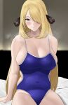  1girl alternate_costume bed_sheet blonde_hair blue_swimsuit blush breasts breath closed_mouth commission covered_navel cynthia_(pokemon) grey_eyes hair_ornament hair_over_one_eye highres large_breasts long_hair looking_at_viewer on_bed one-piece_swimsuit pixiv_request pokemon pokemon_(game) pokemon_dppt revision rinrin_(user_tvcf4347) school_swimsuit sitting skindentation smile solo sweat swimsuit waist_cutout 