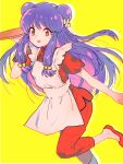  1girl bow long_hair open_mouth pants purple_hair ranma_1/2 red_footwear red_pants shampoo_(ranma_1/2) simple_background solo toro_(rororoto27) yellow_background 