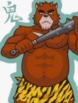  2012 belly black_nose bottomwear brown_body brown_fur clothed clothing countershade_snout countershading front_view fur holding_object holding_weapon horn juuichi_mikazuki kanabō kanji loincloth looking_at_viewer looking_down_at_viewer male mammal morenatsu musclegut navel nipples pink_nipples portrait shadow shirako simple_background slightly_chubby snout solo three-quarter_portrait topless ursid video_games visual_novel weapon white_background 