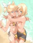  1boy 1girl bangs beach bikini bikini_tan black_choker blonde_hair blue_eyes bracelet breasts brother_and_sister bulge choker crossdressing day eyebrows_visible_through_hair from_above grin hair_between_eyes hair_ornament hair_ribbon hairclip highres hug jewelry kagamine_len kagamine_rin kouya_toufu lips male_swimwear male_swimwear_challenge navel nervous_smile nipples ocean one_eye_closed otoko_no_ko outdoors parted_lips reverse_trap ribbon short_hair short_ponytail siblings side-tie_bikini small_breasts smile stomach string_bikini sweat swim_trunks swimsuit tan tanlines tears tomboy topless v vocaloid water wavy_mouth white_ribbon yellow_bikini 