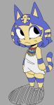  absurd_res animal_crossing ankha_(animal_crossing) anthro blonde_highlights blue_body blue_fur blue_hair blue_stripes blush blush_lines bob_cut bottomless chibi clothed clothing cumlord domestic_cat dress egyptian_clothing egyptian_headdress eyelashes featureless_crotch felid feline felis female fur grey_background hair hi_res highlights_(coloring) jewelry looking_aside mammal necklace nintendo simple_background solo striped_body stripes video_games white_clothing white_dress yellow_body yellow_fur yellow_inner_ear 