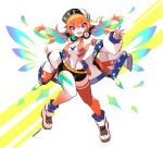  1girl alternate_costume armpits breasts cawang eyebrows_visible_through_hair headphones highres hololive hololive_english jacket medium_breasts open_clothes open_jacket open_mouth orange_hair orange_headwear shoes signature solo takanashi_kiara virtual_youtuber 