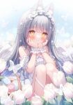  1girl angel_wings animal_ear_fluff animal_ears bangs basket blue_sky blush bug butterfly cat_ears commentary_request dress egg feathered_wings feet_out_of_frame flower grey_hair hands_on_own_chin highres long_hair looking_at_viewer omochi_monaka original signature sky smile solo tulip very_long_hair white_dress white_flower white_tulip white_wings white_wrist_cuffs wings wrist_cuffs yellow_eyes 
