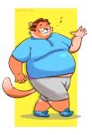 2022 anthro belly big_belly bottomwear canid canine clothing eyes_closed eyewear fox glasses hi_res humanoid_hands kemono male mammal musical_note overweight overweight_male shirt shorts simple_background solo topwear tunx2 