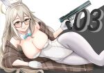  1girl absurdres akane_(blue_archive) animal_ears bangs bare_shoulders blonde_hair blue_archive blue_bow blue_bowtie blush bow bowtie breasts cleavage detached_collar fake_animal_ears glasses gloves grey_eyes grin gun hair_between_eyes halo handgun highres holding holding_gun holding_weapon kevin5573 large_breasts leotard long_bangs long_hair looking_at_viewer lying multicolored_background on_side pantyhose parted_lips pistol plaid plaid_scarf playboy_bunny rabbit_ears scarf smile solo trigger_discipline weapon white_gloves white_legwear white_leotard wide_hips 