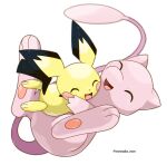  ambiguous_gender duo embrace feral fur hi_res hug legendary_pok&eacute;mon lying mew nintendo on_back on_front pichu pink_body pink_fur pok&eacute;mon pok&eacute;mon_(species) rorosuke_roro simple_background video_games white_background yellow_body yellow_fur 
