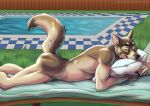  2022 anthro butt canid canine canis collaboration digital_media_(artwork) fur hi_res incorgnito lidded_eyes male mammal marjani multicolored_body multicolored_fur nude pillow solo wolf ych_result 