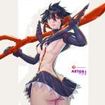  1girl artist_name arttoru ass bangs black_hair blue_eyes breasts closed_mouth commentary hair_ornament highres holding holding_sword holding_weapon kill_la_kill light_smile lips matoi_ryuuko medium_breasts miniskirt over_shoulder red_hair revealing_clothes scissor_blade senketsu shiny shiny_hair short_hair signature simple_background skirt smile suspenders sword thighs turtleneck twisted_torso watermark weapon weapon_over_shoulder 