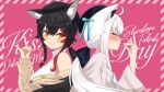  2girls \n/ ahoge animal_ear_fluff animal_ears bangs bare_shoulders beret black_bow black_hair black_headwear blush bow breasts brown_cardigan brown_eyes cardigan closed_eyes closed_mouth commentary_request extra_ears eyebrows_visible_through_hair fox_ears fox_girl from_side hachiman_tanuki hair_between_eyes hair_bow hair_ornament hat highres hololive implied_kiss kiss kiss_day large_breasts long_hair long_sleeves looking_at_viewer looking_to_the_side multicolored_hair multiple_girls off_shoulder ookami_mio ponytail red_hair shirakami_fubuki shirt sidelocks simple_background sleeveless sleeveless_shirt small_breasts smile streaked_hair upper_body virtual_youtuber white_background white_hair white_shirt wolf_ears wolf_girl x_hair_ornament 