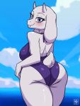  anthro blush bovid butt caprine clothing deathzera female goat hi_res looking_at_viewer looking_back mammal one-piece_swimsuit rear_view sea sky smile solo swimwear toriel undertale_(series) water 