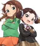  2girls becky_blackbell black_hair brown_eyes brown_hair child commentary_request crossed_arms eden_academy_uniform green_eyes green_shirt hakoneko_(marisa19899200) highres katou_emiri kobayashi-san_chi_no_maidragon looking_at_viewer multiple_girls red_skirt red_tie saikawa_riko shirt skirt smile spy_x_family twintails voice_actor_connection 