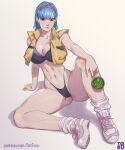  1girl abs adapted_costume arm_support artist_name arttoru bangs bare_shoulders bikini black_bikini blue_eyes blue_hair breasts bulma cleavage closed_mouth commentary cropped_jacket dragon_ball dragon_ball_z dragon_radar eyebrows_visible_through_hair full_body gradient gradient_background hairband highleg highleg_bikini highres holding large_breasts lips looking_at_viewer navel open_clothes red_hairband shadow shiny shiny_skin shoes short_hair signature simple_background sitting sleeveless sleeveless_jacket sneakers socks solo stomach swimsuit watermark white_legwear 