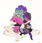  2girls black_shirt black_shorts blush braid dragon_girl dragon_tail finana_ryugu fish_girl green_hair head_fins head_wings highres kkomi_soo long_hair long_sleeves medium_hair multiple_girls nijisanji nijisanji_en oversized_clothes pink_shirt pointy_ears purple_eyes purple_hair purple_wings selen_tatsuki shirt shorts sitting t-shirt tail twin_braids virtual_youtuber white_background wings yuri 