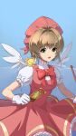  1girl absurdres blue_background bow breasts cardcaptor_sakura fjcyyjcf5 gloves green_eyes highres kero kinomoto_sakura magical_girl open_mouth red_bow simple_background white_gloves wings 