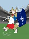  2019 3_toes anthro armeddillo black_nose blue_eyes bottomwear canid canine canis clothing compass dipstick_tail eyewear feet field fifa flag flag_(object) football_field football_uniform fur gesture goggles hi_res looking_up male mammal markings mascot nato_flag north_atlantic_treaty_organization open_mouth pawpads paws political_cartoon politics red_bottomwear red_clothing red_shorts russia russian russo-ukrainian_war shirt shorts solo sport stadium tail_markings toes tongue tongue_out topwear v_sign white_body white_clothing white_feet white_fur white_shirt white_topwear wolf zabivaka 