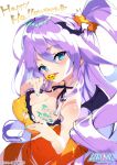  1girl bare_arms bare_shoulders bat_hair_ornament blue_eyes blue_nails breasts candy character_request cleavage dress escalation_heroines food fujishima-sei_ichi-gou hair_ornament halloween highres large_breasts lollipop long_hair orange_dress purple_hair side_ponytail tongue tongue_out trick_or_treat 