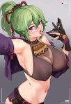  1girl absurdres armpits bangs bare_shoulders black_gloves black_nails blush breasts cleavage covered_nipples genshin_impact gloves green_hair grey_background hair_ornament highres jacket kuki_shinobu large_breasts looking_at_viewer loooyd nail_polish navel open_clothes open_jacket oral_invitation ponytail purple_eyes purple_jacket saliva saliva_trail sideboob simple_background solo tongue tongue_out viewfinder 