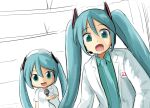  2girls aqua_eyes aqua_hair aqua_necktie aqua_shirt coat commentary doctor dress hair_ornament hat hatsune_miku headset holding holding_microphone id_card ii_desu_ka_ochitsuite_kiite_kudasai_(meme) labcoat long_hair looking_at_viewer meme metal_gear_(series) metal_gear_solid_v microphone mikudayoo multiple_girls necktie nurse nurse_cap open_mouth shirt sketch smile standing tenten_(chan4545) twintails upper_body vocaloid white_coat white_dress 