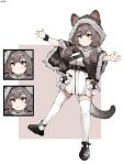  1girl :o animal_ears arknights black_capelet black_footwear black_wristband brown_background brown_hair capelet dress expressions fur-trimmed_capelet fur-trimmed_hood fur_trim highres honeyberry_(arknights) hood hood_up hooded_capelet infection_monitor_(arknights) long_hair looking_at_viewer low_twintails simple_background smile soda_(sod4) solo standing tail thighhighs twintails two-tone_background white_background white_dress white_legwear yellow_eyes younger 