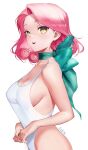  1girl artist_name bangs bare_shoulders breasts choker cleavage collarbone covered_nipples eden_(shiroki_yuutsu) flower-shaped_hair forehead from_side highleg highleg_swimsuit highres large_breasts long_hair looking_at_viewer one-piece_swimsuit open_mouth original parted_bangs parted_hair pink_hair ribbon ribbon_choker see-through_silhouette sideboob solo swept_bangs swimsuit undersized_clothes white_swimsuit yellow_eyes 