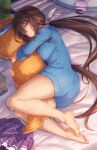  1girl admire_vega_(umamusume) animal_ears bangs bare_legs barefoot bed_sheet blue_dress blue_sweater breast_press breasts brown_hair closed_mouth commentary_request dress eyebrows_visible_through_hair full_body hair_ribbon highres horse_ears horse_girl horse_tail indoors large_breasts long_hair looking_at_viewer low_ponytail lying object_hug on_bed on_side purple_eyes purple_skirt ribbon skirt skirt_removed solo starheart stuffed_carrot sweater sweater_dress tail tail_through_clothes umamusume very_long_hair white_ribbon 
