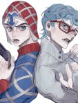  2boys argyle argyle_sweater black_eyes blue_eyes blue_hair bridal_gauntlets curly_hair ghiaccio glasses guido_mista gun hat highres jojo_no_kimyou_na_bouken male_focus multiple_boys puppetjackmj red-framed_eyewear revolver sweater turtleneck vento_aureo weapon 