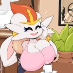  1:1 2022 absurd_res anthro beverage big_breasts breasts cinderace cleavage clothed clothing coffee container cup eyes_closed female hand_on_cheek hi_res inside nintendo open_mouth open_smile plant plate pok&eacute;mon pok&eacute;mon_(species) smile solo video_games virito 