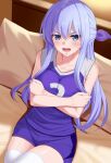  1girl arm_grab bangs bare_shoulders blue_eyes blue_hair blue_shirt blue_shorts blurry blurry_background blush bow breasts collarbone couch crossed_arms frown hair_between_eyes hair_bow huyumitsu indoors large_breasts long_hair looking_at_viewer on_couch open_mouth original pillow purple_bow shirt short_shorts shorts sidelocks sitting sleeveless sleeveless_shirt solo sportswear thighhighs very_long_hair volleyball_uniform white_legwear 