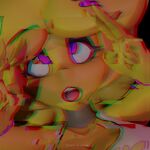  accessory ahegao anthro avian bird blonde_hair chica_(cally3d) chica_(fnaf) chicken clothing female five_nights_at_freddy&#039;s fredina&#039;s_nightclub galliform gallus_(genus) gesture glitch hair hair_accessory hi_res looking_pleasured phasianid prykez purple_accessory purple_eyes purple_wristband scottgames shirt solo topwear v_sign video_games white_clothing white_shirt white_topwear yellow_body 