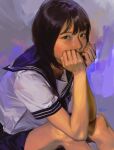  1girl asian black_hair blue_neckerchief blue_skirt brown_eyes clenched_hands highres looking_at_viewer neckerchief original pablo_uchida realistic sailor_collar school_uniform serafuku shirt short_hair sitting skirt solo white_shirt 