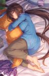  1girl admire_vega_(umamusume) animal_ears bangs barefoot bed_sheet blue_dress blue_sweater breast_press breasts brown_hair brown_pants closed_mouth commentary_request dress eyebrows_visible_through_hair full_body hair_ribbon highres horse_ears horse_girl horse_tail indoors large_breasts long_hair looking_at_viewer low_ponytail lying object_hug on_bed on_side pants purple_eyes purple_skirt ribbon skirt skirt_removed solo starheart stuffed_carrot sweater sweater_dress tail tail_through_clothes umamusume very_long_hair white_ribbon 