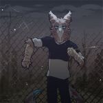  5_fingers against_fence against_surface anthro barbed_wire blue_claws blue_eyes bottomwear chain-link_fence claws clothing cloud dragon ear_piercing ear_ring fence fingers fur furred_dragon grey_body grey_fur ishimaurell jewelry looking_at_viewer male necklace outside pants pendant piercing shirt sky solo spiked_tail spikes spikes_(anatomy) standing star starry_sky t-shirt tan_body tan_fur teeth topwear whiskers 